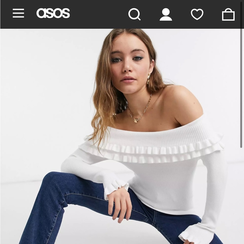 ASOS London Bardot ruffle sweater in white size M
